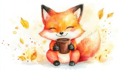Fototapeta premium Adorable chibi style fox character sipping a hot cup of rich chocolate in a whimsical watercolor against a clean white background for a cozy and playful feel