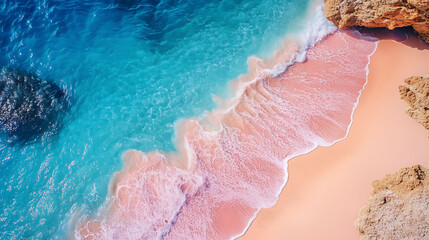 Obraz premium Tropical pink beach with waves. Aerial view of the beach ocean,Coral beach, internet celebrity beach