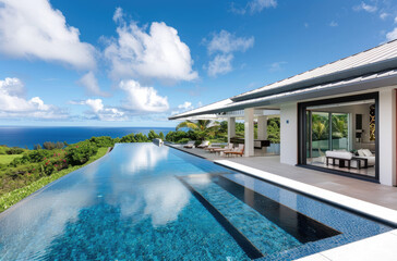 Obraz na płótnie Canvas modern mansion with infinity pool, view of hawaii and greenery outside the windows, mid century modern style home with brown roof, white walls, large glass windows and doors