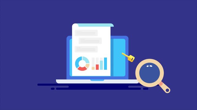 Keyword research and competitive analysis data SEO software report on laptop screen, video animation.