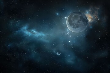 Obraz premium Milky Way sphere orbits planet in abstract black background pattern Water drops on the planet in the dark, close-up. . Beautiful simple AI generated image in 4K, unique.