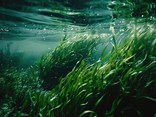 Fototapeta premium Diverse underwater flora, with prominent seaweed growth. Rich biodiversity indicative of a healthy marine ecosystem.