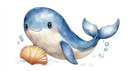 Fototapeta premium Adorable Chibi Whale Character in Whimsical Watercolor Joyfully with Seashell on Peaceful Minimalist Background
