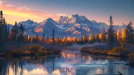 A digital artwork of towering snow-capped mountains with a winding river below, sunset with warm hues, clear sky with a hint of twilight, vibrant and detailed, capturing the golden hour's beauty,