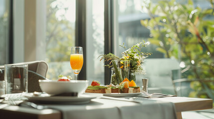 Modern brunch scene with mimosas and avocado toast, served on a sleek, minimalist table with bright natural light streaming through large windows