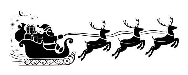 Silhouette of Santa Claus in Sleigh with Reindeer and Presents - Festive Merry Christmas Vector
