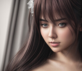 Naklejka premium A woman with long brown hair and a white flower in her hair