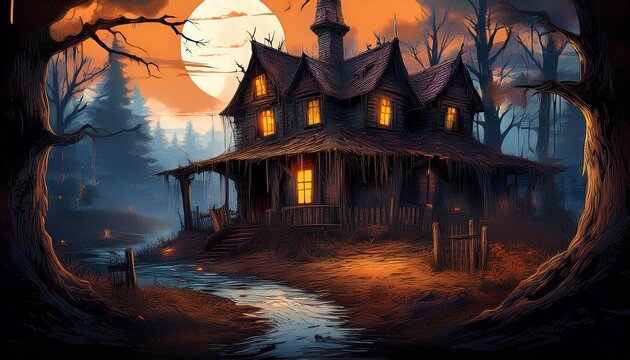 Haunted house in the woods during night