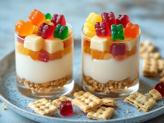 Pudding mousse with a side of artisanal crackers and gourmet gummies, upscale dessert scene