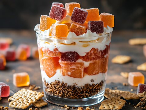 Pudding parfait with crackers and gummies layered in a clear cup, with a focus on contrast in textures
