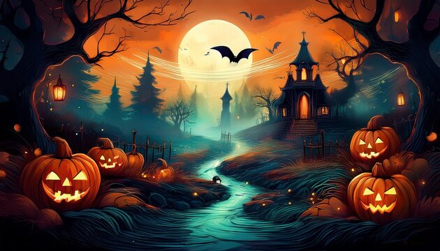 Haunted house in the woods during night