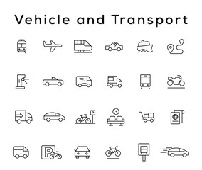 Vehicle and Transport line icon set. Containing car, bike, plane, train, bicycle, motorbike, bus and scooter icons. Transportation Simple line icon collections