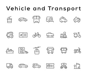 Vehicle and Transport line icon set. Containing car, bike, plane, train, bicycle, motorbike, bus and scooter icons. Transportation Simple line icon collections