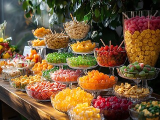 Wideangle shot of a pudding buffet with crackers and gummies as topping options, buffet setup