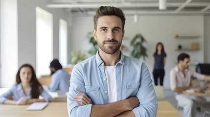 Portrait of a handsome man standing with his arms crossed in a modern office room.