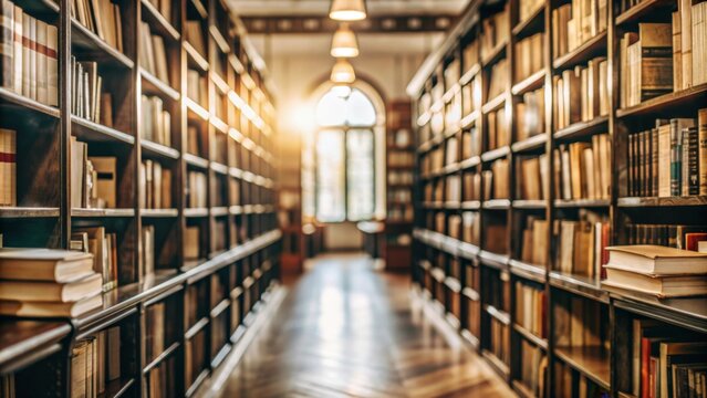 illustration of bookshelf in library with blurred background