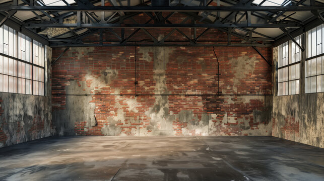 Empty Industrial Space with Exposed Brick Wall..