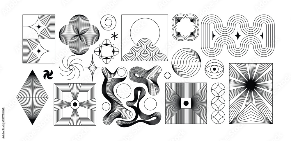 Poster Vector minimal geometric illustrations set, trendy abstract aesthetic linear compositions, prints, frames and graphic design elements