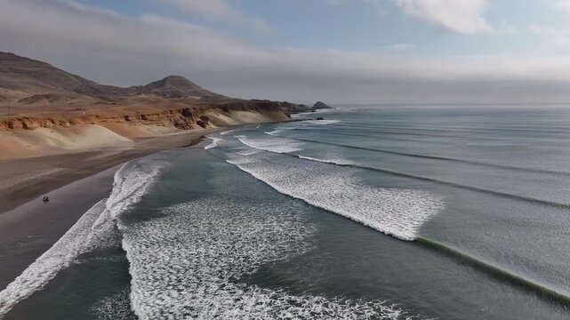 Low Overview Drone Shote Chicama Waves Puerto Malabrigo Peru Famous Waves Surf Spot