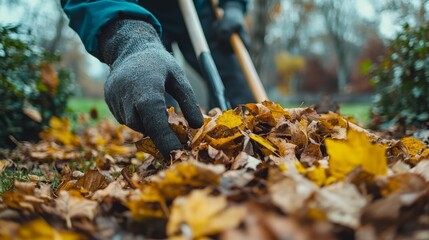 A person in gloves picking up fallen leaves from the ground with a rake. Yard work. Fall season