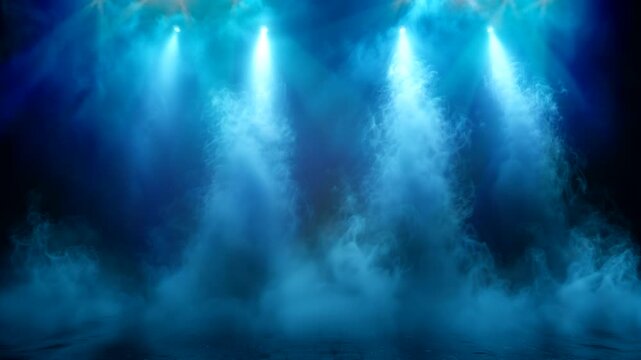 Dramatic blue stage in fog spotlights