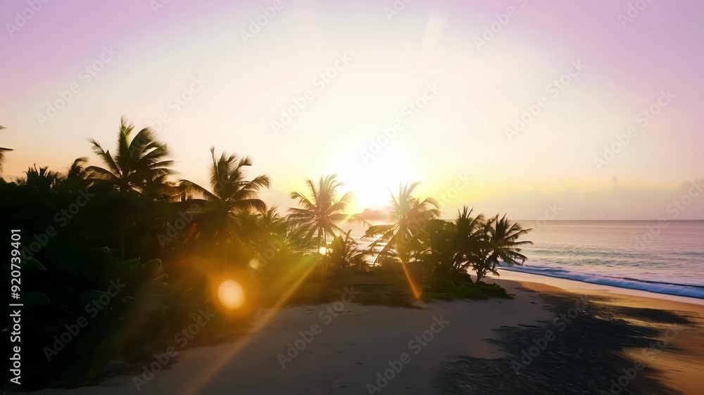 Poster a serene view of a tropical island at dusk with the suns rays creating soft lens flares as they hove