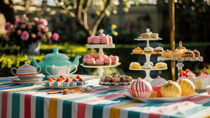 Naklejka premium high tea setup enhanced by wide-striped table linens, blending the elegance of afternoon tea with the playful spirit of the circus