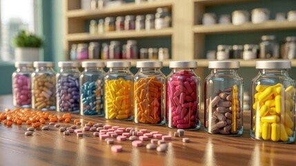 A vibrant display of various vitamins and supplements arranged on a wooden table with bright lighting and ample copy space.