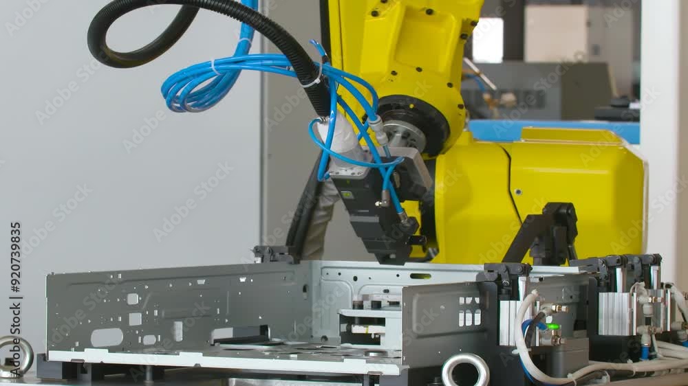 Poster industrial robot robotic arms working automatically in smart autonomous industrial factory welding