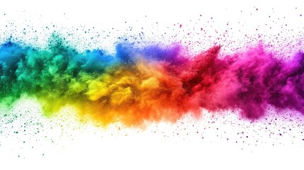 A bold and colorful explosion of rainbow powder on a white background, celebrating pride and diversity with a dynamic splash.