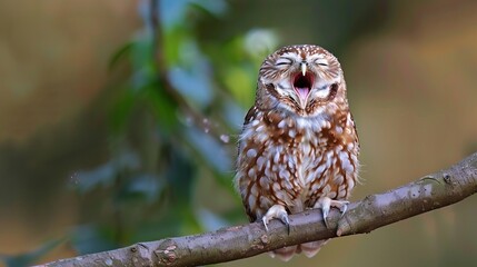 Yawning Brown and White Owl Perched on Tree Branch