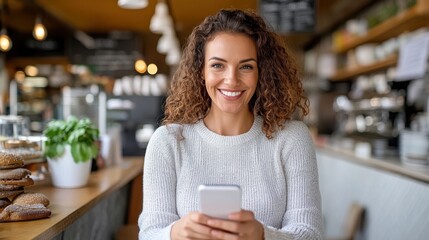 A smiling woman with curly hair, holding her smartphone, sitting in a modern cafe with a warm atmosphere, representing joy and connection in the digital age, basking in the moment.