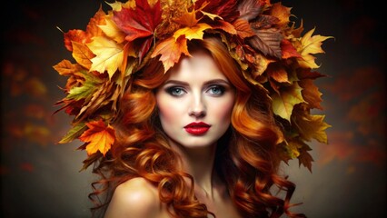 Attractive redhead woman model symbolizing autumn with a wreath from leaves on the head
