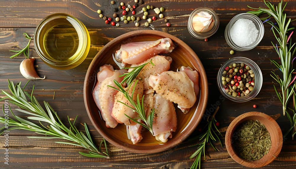 Canvas Prints flat lay composition with raw marinated chicken wings, rosemary and other products on wooden table