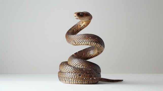 snake sitting in an attack position on a minimal white studio background