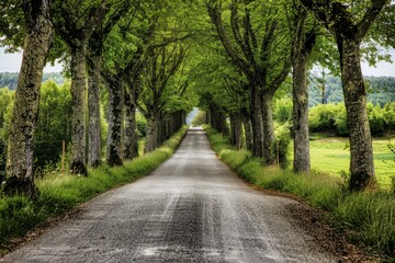 Naklejka premium Tunnel-like lime tree avenue in spring, fresh green foliage. Beautiful simple AI generated image in 4K, unique.