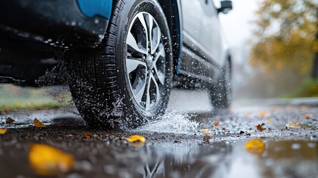 A car tire is captured driving through a puddle with fallen autumn leaves, emphasizing texture, movement, and the season's colorful yet fleeting nature.
