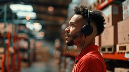 worker wearing a headset with a microphone, confidently managing inventory with boxes in the background