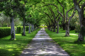 Obraz premium Tunnel-like lime tree avenue in spring, fresh green foliage. Beautiful simple AI generated image in 4K, unique.