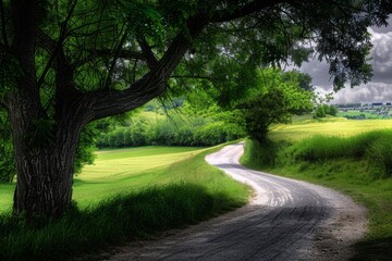 Fototapeta premium Tunnel-like lime tree avenue in spring, fresh green foliage. Beautiful simple AI generated image in 4K, unique.