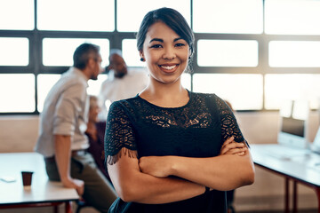 Portrait, arms crossed and happy business woman in coworking office for career pride in enterprise....
