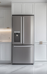 Photorealistic grey refrigerator with two doors, placed in the center of the kitchen, white walls and cabinets, product photography, studio lighting