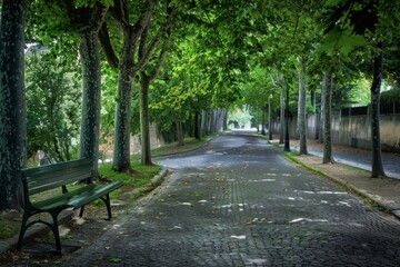 Obraz premium Tunnel-like lime tree avenue in spring, fresh green foliage. Beautiful simple AI generated image in 4K, unique.
