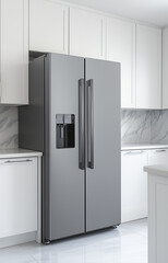 Photorealistic grey refrigerator with two doors, placed in the center of the kitchen, white walls and cabinets, product photography, studio lighting