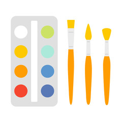 Fototapeta premium Watercolor paints and brushes for drawing cartoon flat illustration. School supplies for drawing.