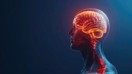 3D Render of Human Head with Glowing Brain and X-Ray Effects, Highlighting Neural Connections and Anatomical Details