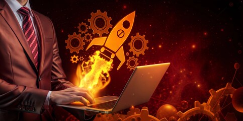 Businessman with laptop and rocket amidst flames portraying risky online ventures or startups
