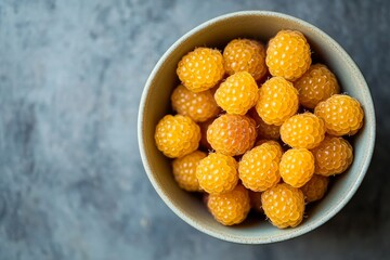 Yellow Raspberry in a bowl, Top View