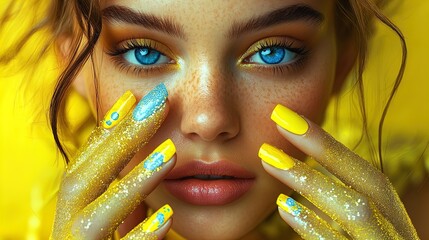 Vibrant Poster of a Young Woman with Captivating Blue Eyes and Bold Makeup: Perfect for Energizing Any Sports Interior with a Touch of Playful Elegance!