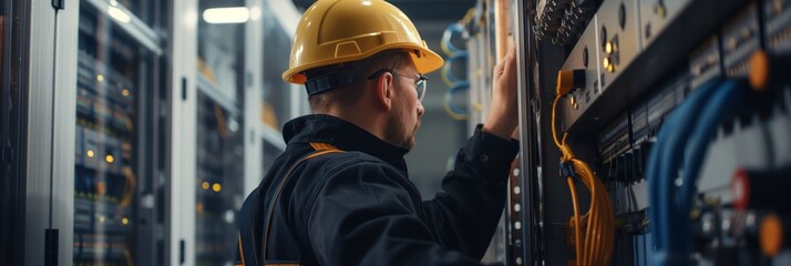 A dedicated engineer wearing protective gear inspects server racks within a state-of-the-art data center, ensuring optimal operation.